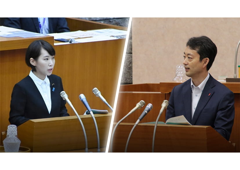 議会にて質問する水野友貴と答弁する熊谷俊人知事の写真